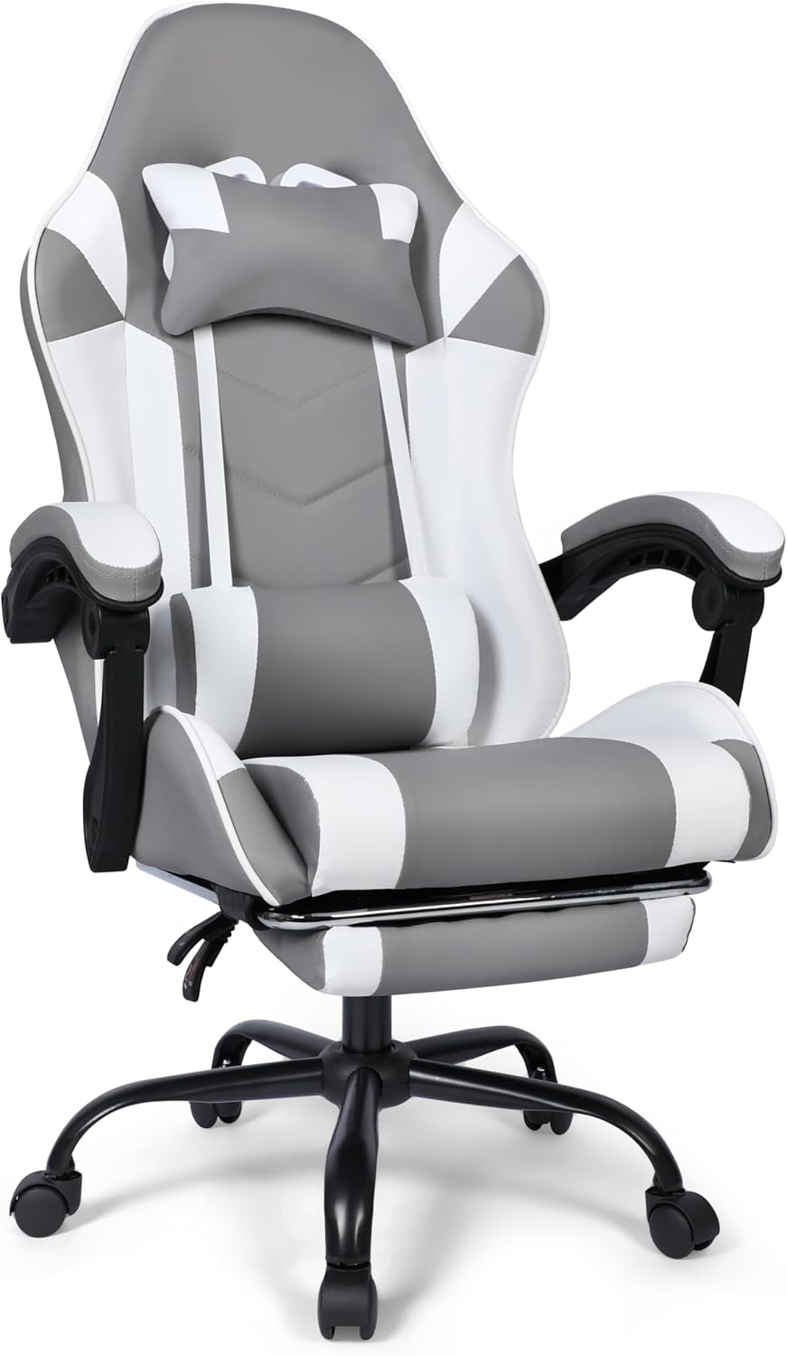 Gaming Chair, Ergonomic Computer Office Chair with Footrest and Lumbar Support, Height Adjustable Desk Chair with 360° Swivel Seat and Headrest, Grey & White