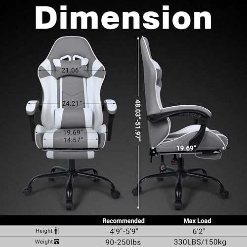 Gaming Chair, Ergonomic Computer Office Chair with Footrest and Lumbar Support, Height Adjustable Desk Chair with 360° Swivel Seat and Headrest, Grey & White - Image 3