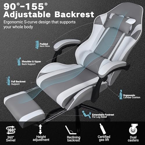 Gaming Chair, Ergonomic Computer Office Chair with Footrest and Lumbar Support, Height Adjustable Desk Chair with 360° Swivel Seat and Headrest, Grey & White - Image 4
