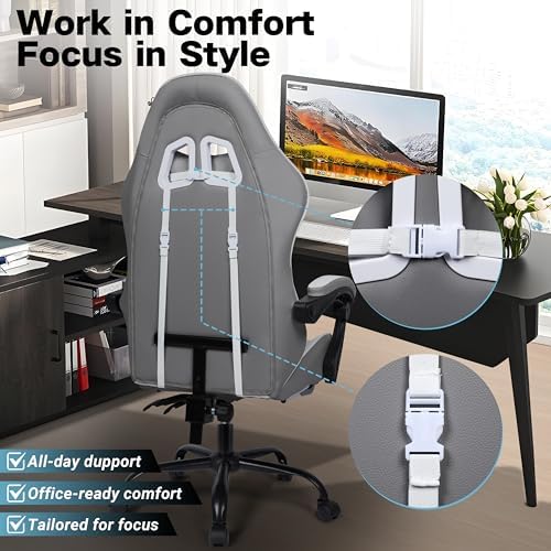 Gaming Chair, Ergonomic Computer Office Chair with Footrest and Lumbar Support, Height Adjustable Desk Chair with 360° Swivel Seat and Headrest, Grey & White - Image 8